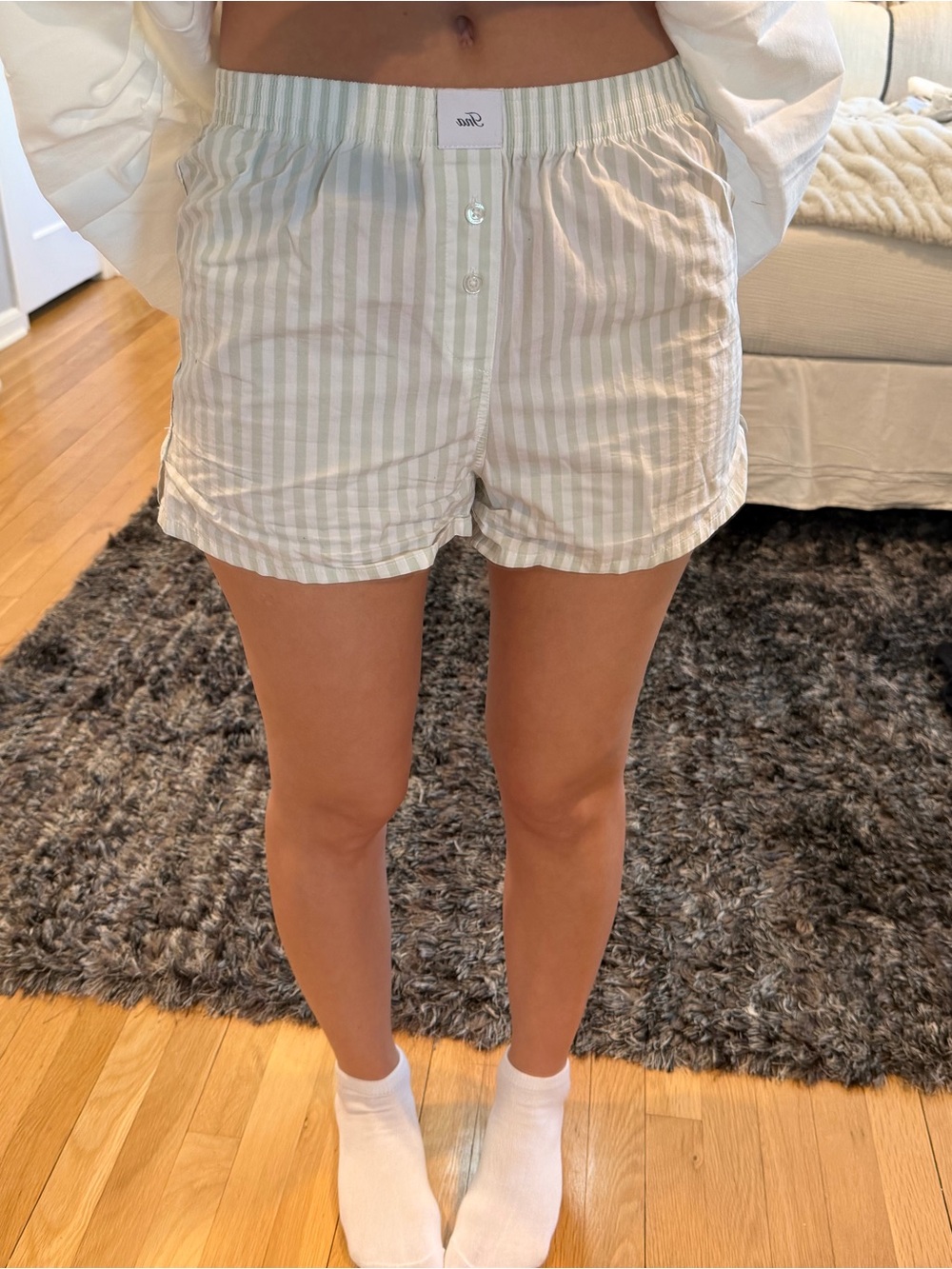 Aritzia Striped High-Waist Lounge Shorts in Light Green and White